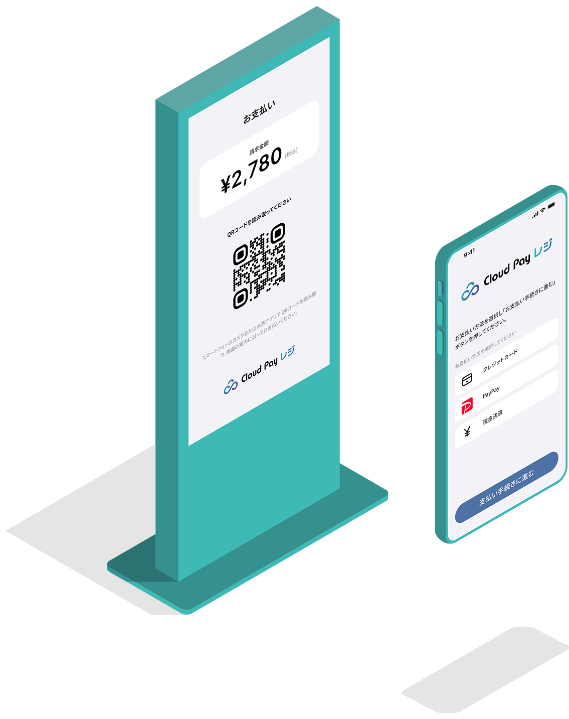 Cloud Pay レジのサイネージとスマートフォン画面